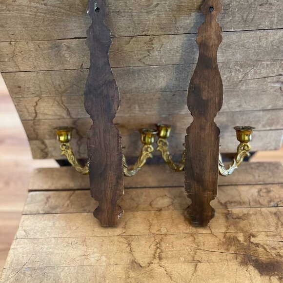 Vintage Wall Wood/Metal Double Arm Leaf Scroll Scone/Candleholders - Picture 2 of 12